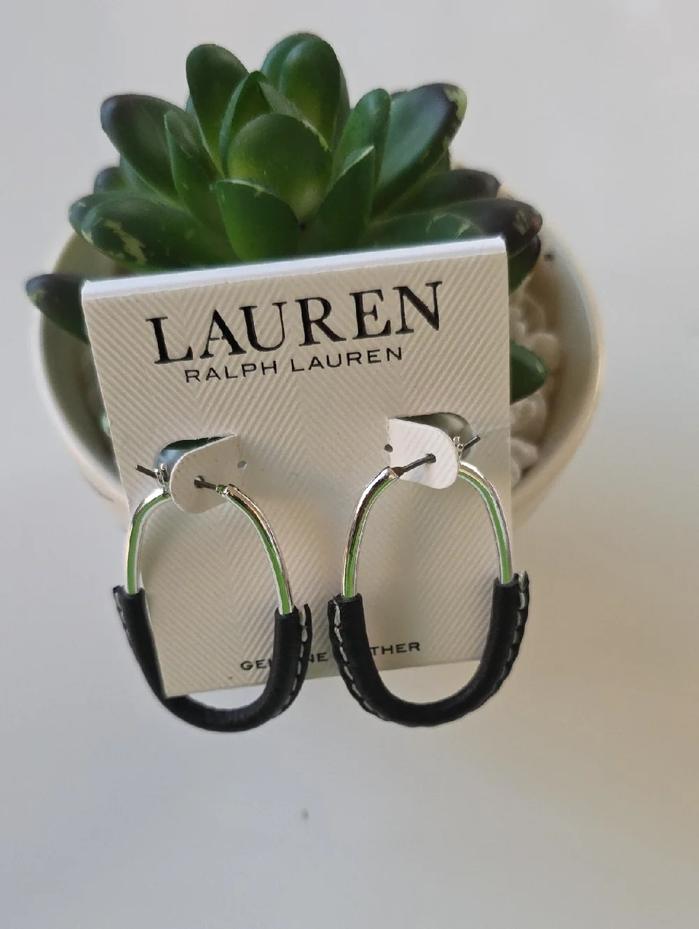 Lauren Ralph Lauren‎ Black and Silver Leather-Trim Hoop Earrings
